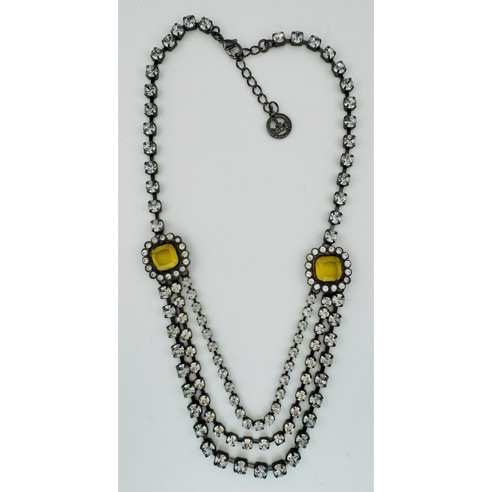 Crown Trifari Rhinestone Necklace 19in 3 Strand Drape Vintage Yellow Stones